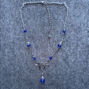 Silver and Blue Beaded‎ Necklace with Teardrop Pendant